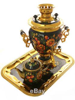 Tea Gift Set Electric Tula Samovar Hohloma Hand Painted + Teapot + Salver 110V