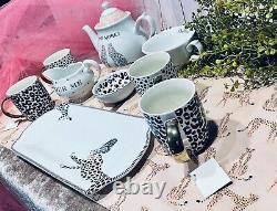 Tea Party 10 piece Set White Pink Porcelain Teapot Leopard Cheetah Pot NEW GIFT