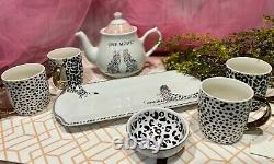 Tea Party 10 piece Set White Pink Porcelain Teapot Leopard Cheetah Pot NEW GIFT
