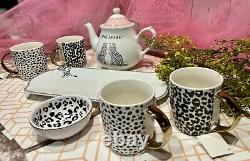 Tea Party 10 piece Set White Pink Porcelain Teapot Leopard Cheetah Pot NEW GIFT