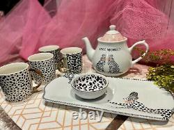 Tea Party 10 piece Set White Pink Porcelain Teapot Leopard Cheetah Pot NEW GIFT