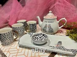 Tea Party 10 piece Set White Pink Porcelain Teapot Leopard Cheetah Pot NEW GIFT