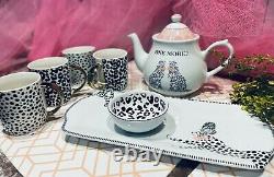 Tea Party 10 piece Set White Pink Porcelain Teapot Leopard Cheetah Pot NEW GIFT