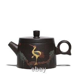 Tea Pot & 4 Cups Crane Relief Yixing Zisha Marked Tea Pot Master Tea Cups Set