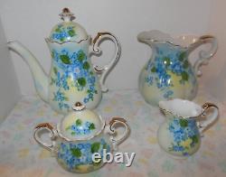 Tea Pot Forget Me Not hand painted, Pitcher, Sugar & Cream Set 6 Pc