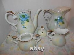 Tea Pot Forget Me Not hand painted, Pitcher, Sugar & Cream Set 6 Pc