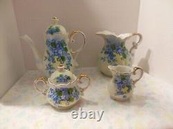 Tea Pot Forget Me Not hand painted, Pitcher, Sugar & Cream Set 6 Pc