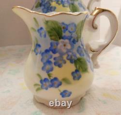 Tea Pot Forget Me Not hand painted, Pitcher, Sugar & Cream Set 6 Pc