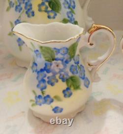 Tea Pot Forget Me Not hand painted, Pitcher, Sugar & Cream Set 6 Pc