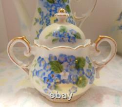 Tea Pot Forget Me Not hand painted, Pitcher, Sugar & Cream Set 6 Pc