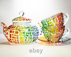 Tea Set Colorful Teapot with 2 Cups and Saucers Geometric Design Teapot Rainbow