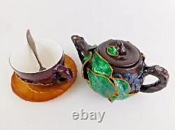 Tea Set For One Leafy Hand-Painted Applied Clay Teapot Teacup Saucer in Gift Box