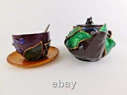 Tea Set For One Leafy Hand-Painted Applied Clay Teapot Teacup Saucer in Gift Box