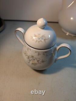 Tea Set Noritake Ireland Tea Pot Cream Sugar Lid Patience White Blue Silver trim