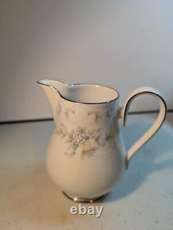 Tea Set Noritake Ireland Tea Pot Cream Sugar Lid Patience White Blue Silver trim