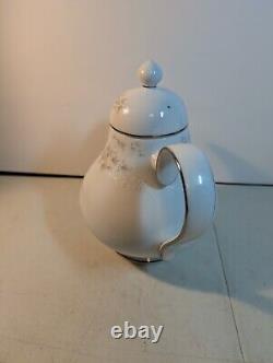 Tea Set Noritake Ireland Tea Pot Cream Sugar Lid Patience White Blue Silver trim