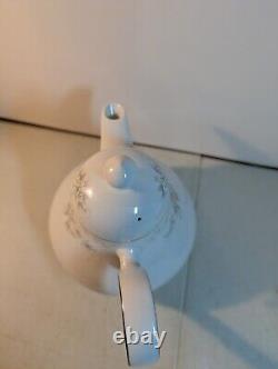 Tea Set Noritake Ireland Tea Pot Cream Sugar Lid Patience White Blue Silver trim