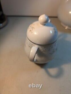 Tea Set Noritake Ireland Tea Pot Cream Sugar Lid Patience White Blue Silver trim