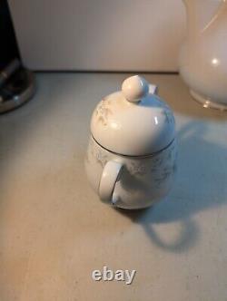 Tea Set Noritake Ireland Tea Pot Cream Sugar Lid Patience White Blue Silver trim