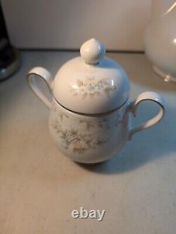 Tea Set Noritake Ireland Tea Pot Cream Sugar Lid Patience White Blue Silver trim