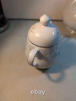 Tea Set Noritake Ireland Tea Pot Cream Sugar Lid Patience White Blue Silver trim
