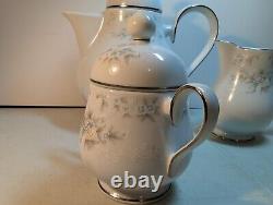 Tea Set Noritake Ireland Tea Pot Cream Sugar Lid Patience White Blue Silver trim