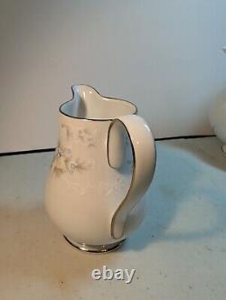 Tea Set Noritake Ireland Tea Pot Cream Sugar Lid Patience White Blue Silver trim