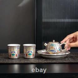 Tea Set Pot With Holder Matching Tea Cup Dunhuang Frescoes Print Silver Ceramic