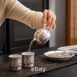 Tea Set Pot With Holder Matching Tea Cup Dunhuang Frescoes Print Silver Ceramic