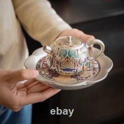 Tea Set Pot With Holder Matching Tea Cup Dunhuang Frescoes Print Silver Ceramic