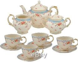 Tea Set Vintage China Teapot Sugar Creamer Pot Saucers Cups Blue Rose Porcelain
