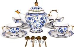 Tea Set Vintage Teapot Unique Gift Hanpaint 13-Piece Blue and White Porcelain