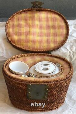 Teapot And Cup In Woven Picnic Tea Basket Asian