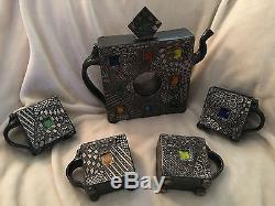 Teapot Set 4 Tea Cups Signed Ben Behunin Modern Teapot Mosaic Stain Glass