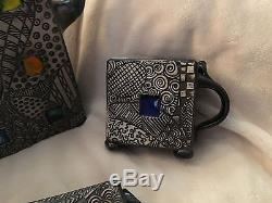 Teapot Set 4 Tea Cups Signed Ben Behunin Modern Teapot Mosaic Stain Glass