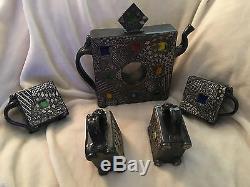 Teapot Set 4 Tea Cups Signed Ben Behunin Modern Teapot Mosaic Stain Glass