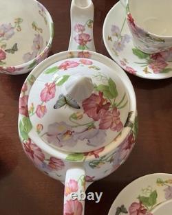 Teapot Set Flower Sweet Pea Butterfly Creamer England Rob Turner Cup Saucer Suga