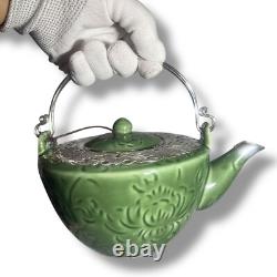 Teapot Set with 6 Cups Green Ceramic 925 Silver Lotus Pattern Tea Ceremony