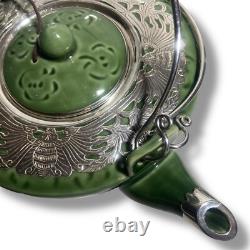 Teapot Set with 6 Cups Green Ceramic 925 Silver Lotus Pattern Tea Ceremony