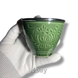 Teapot Set with 6 Cups Green Ceramic 925 Silver Lotus Pattern Tea Ceremony