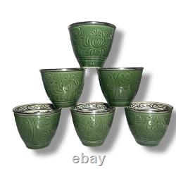Teapot Set with 6 Cups Green Ceramic 925 Silver Lotus Pattern Tea Ceremony