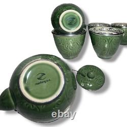 Teapot Set with 6 Cups Green Ceramic 925 Silver Lotus Pattern Tea Ceremony