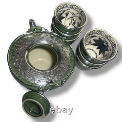 Teapot Set with 6 Cups Green Ceramic 925 Silver Lotus Pattern Tea Ceremony