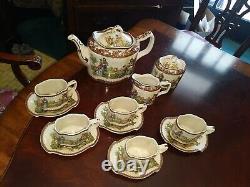 Teapot set 5 cups saucers creamer sugar Oval Brown Victorian Courting Couples