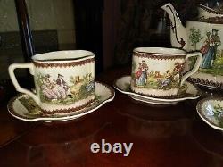 Teapot set 5 cups saucers creamer sugar Oval Brown Victorian Courting Couples