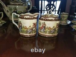 Teapot set 5 cups saucers creamer sugar Oval Brown Victorian Courting Couples