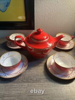 Teavana Exclusive Collection Teapot Set Ruby & Gold Filigree Bone China 9 Piece