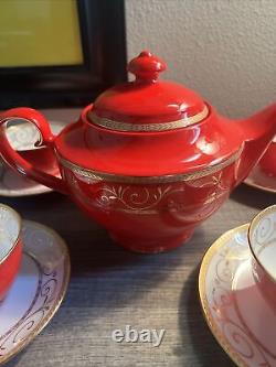 Teavana Exclusive Collection Teapot Set Ruby & Gold Filigree Bone China 9 Piece