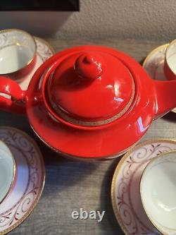 Teavana Exclusive Collection Teapot Set Ruby & Gold Filigree Bone China 9 Piece