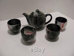 Teavana Gray/Green/White/Red Swirl Porcelain Teapot & Round (4) Tea Cups